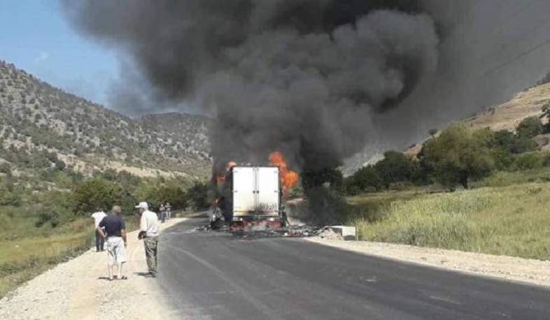 A truck is burning on the Yerevan-Meghri interstate highway. The road is closed on both sides