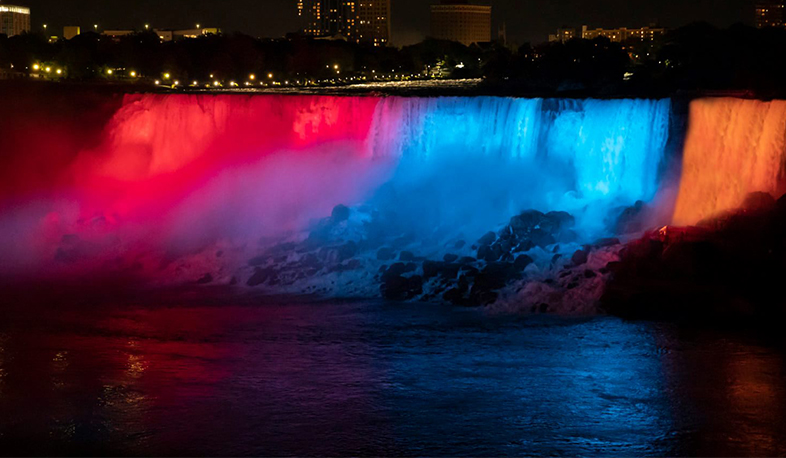 Niagara Falls is illuminated in the colors of the Armenian flag