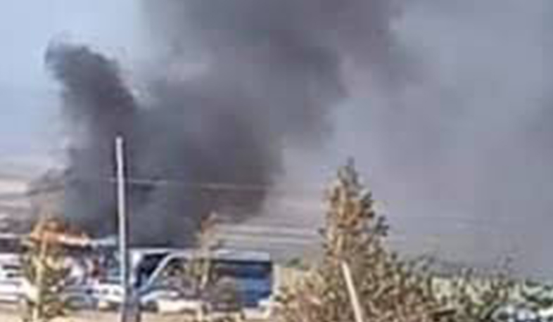 A civilian bus is burning from a drone strike in Vardenis. Artsrun Hovhannisyan
