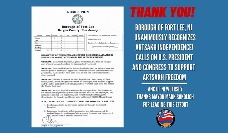 The city of Fort Lee, New Jersey, has recognized the independence of the Artsakh Republic