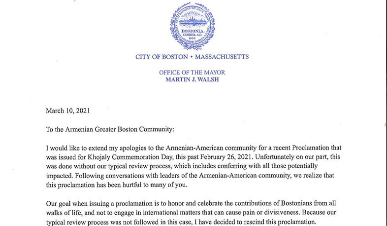 Boston Mayor apologizes to the Armenians for the previous statement supporting the Azerbaijani fraud