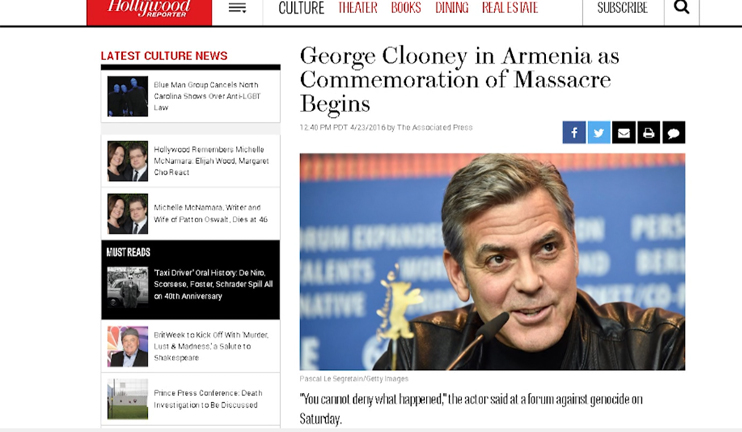 George Clooney's visit to Armenia in focus of international media