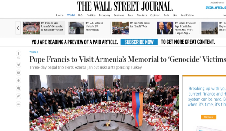 Wall Street Journal-ը՝ Հռոմի Ֆրանցիսկոս Պապի Հայաստան այցի մասին