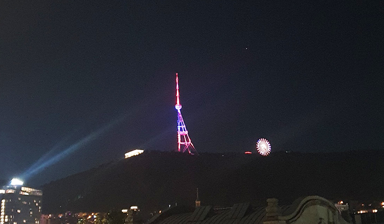 Tbilisi TV tower lit up in Armenian flag
