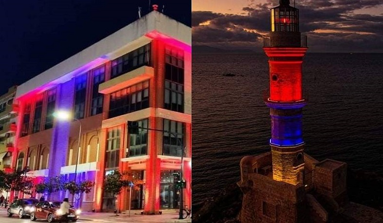 Famous lighthouse of Crete and building of municipality of Alexandroúpoli lighted with Armenian tricolor