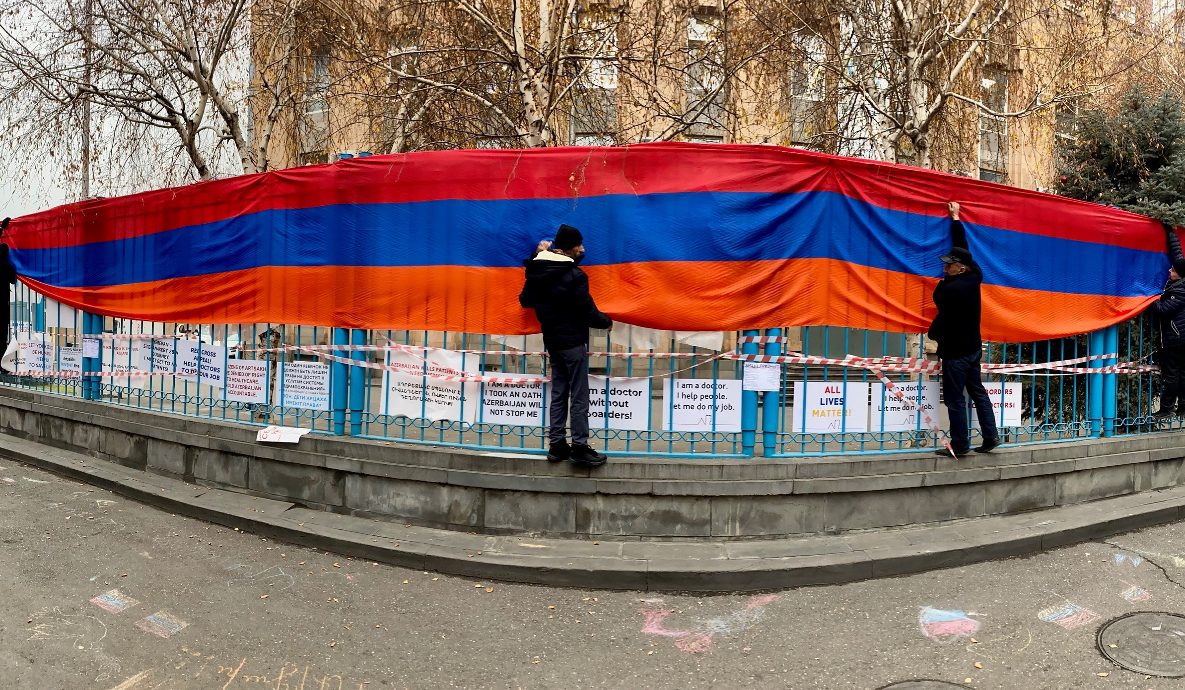 22-meter flag of Artsakh on fence of UN office in Armenia