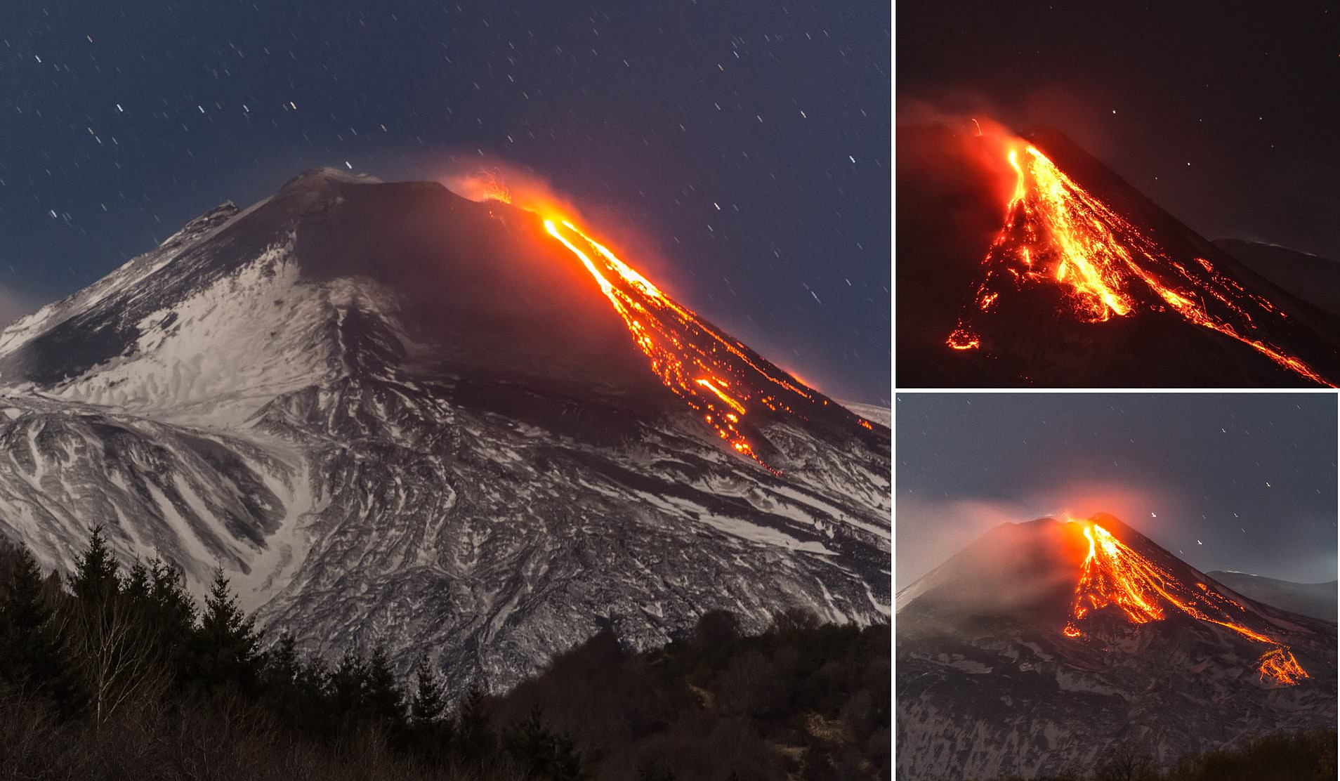 Snowy Mount Etna roars into action spurting lava into night sky