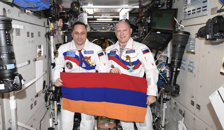 Armenia and Yerevan flags in space