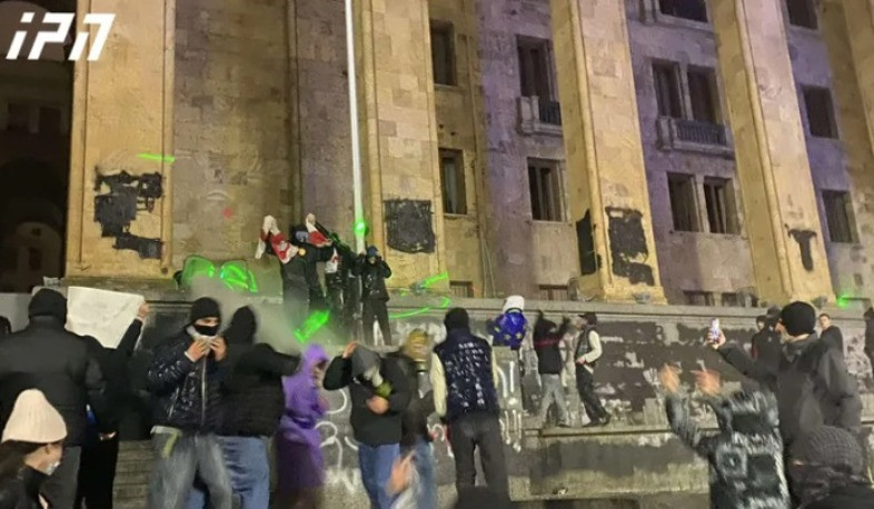 Law enforcement officers used water cannons against protesters in front of Parliament building of Georgia
