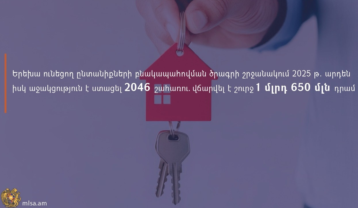 2025-ին երեխա ունեցող ընտանիքների բնակապահովման ծրագրի շրջանակում 2046 շահառուներին վճարվել է շուրջ 1 մլրդ 650 մլն դրամ. ԱՍՀՆ