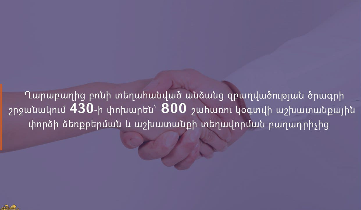 ԼՂ-ից տեղահանված 800 շահառու կօգտվի աշխատանքային փորձի ձեռքբերման և աշխատանքի տեղավորման բաղադրիչից
