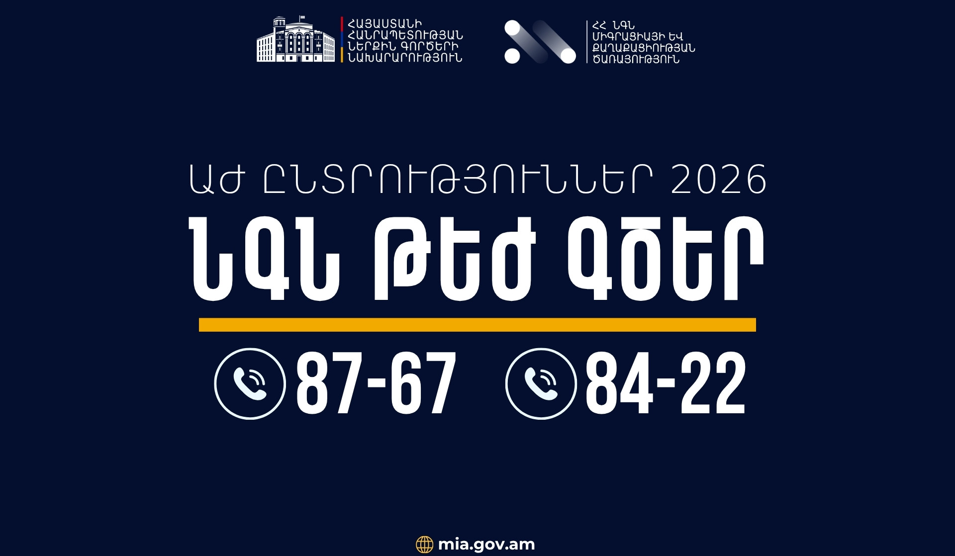 ՆԳ նախարարությունը ընտրական գործընթացի ընթացքում կապահովի շուրջօրյա արձագանք․ կգործեն 87-67 և 84-22 թեժ գծերը