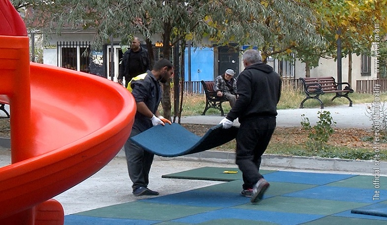 Rubber covering in Yerevan playgrounds instead of sand or asphalt